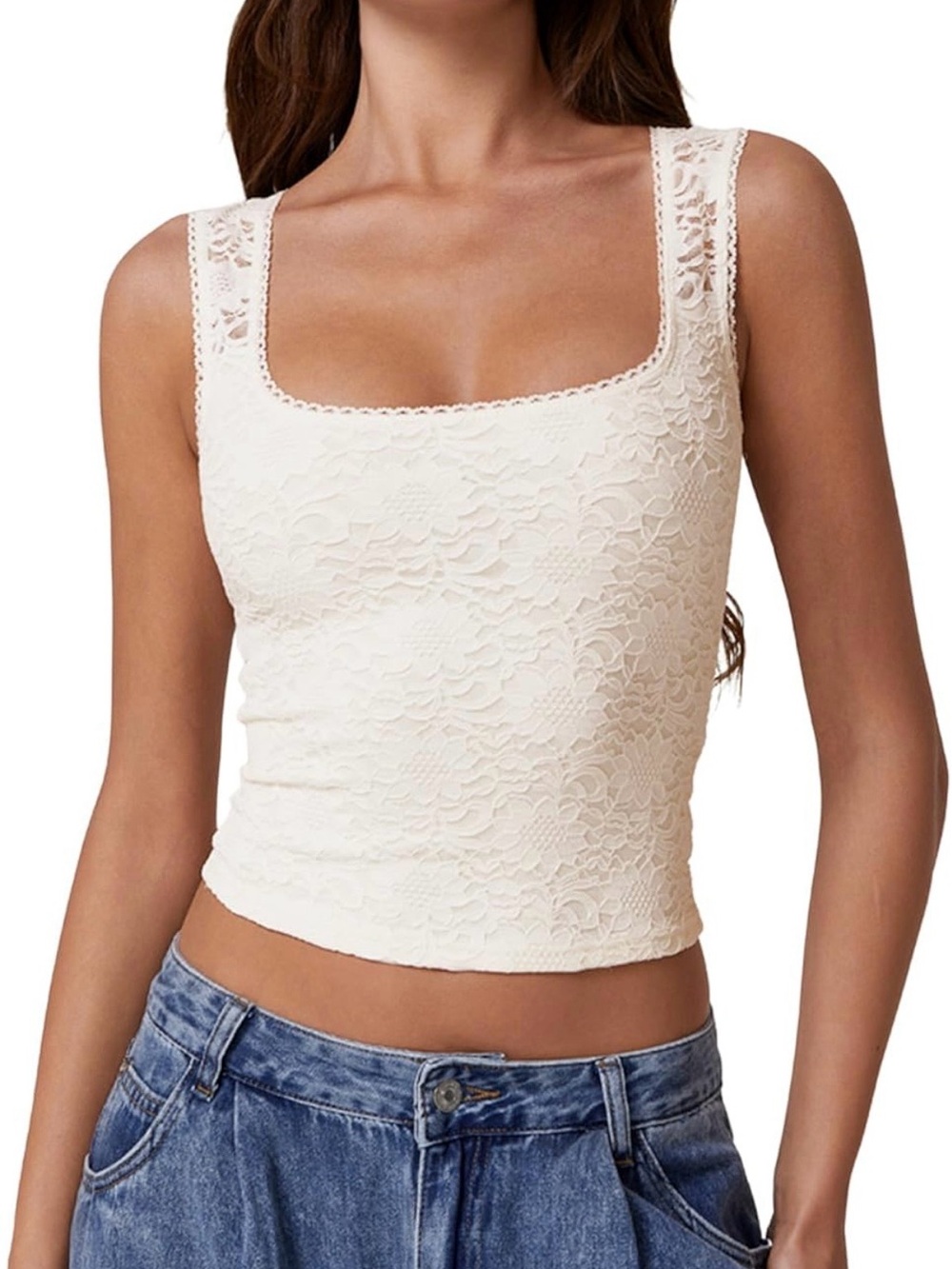 Lace Square-Neck Crop Tank Top - Cream